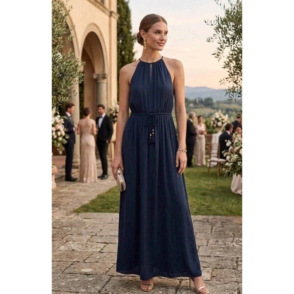 H&M Halter Maxi Dress Sz 0 Navy Sleeveless Flowy Casual Summer Wedding Guest